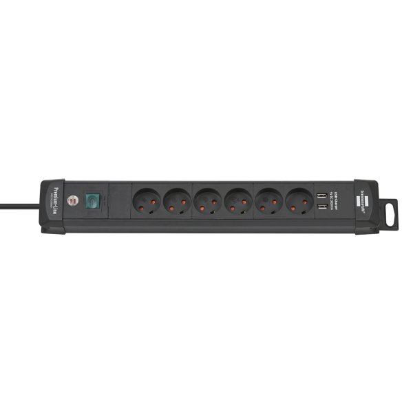 BRENNENSTUHL stikdse med afbryder m/jord 6 stik sort + 2 USB - udg.