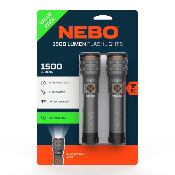 NEBO lygte twin pack genopladelig 1500 lumen - 2631002 