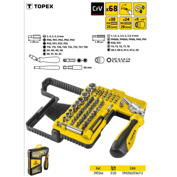 TOPEX Skraldeskruetrkker inkl. Bits &amp; toppe - 68 dele - 2357712