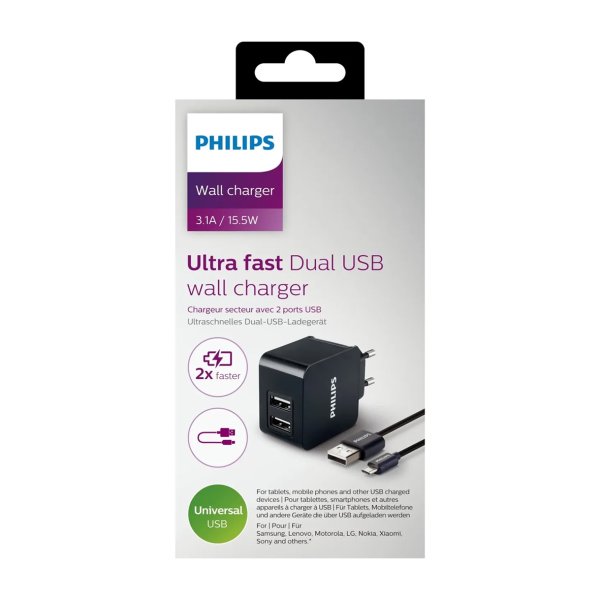 PHILIPS USB lader med 2 udtag incl kabel