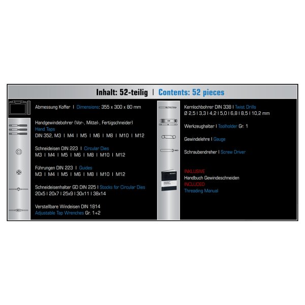 EVENTUS gevindsk�res�t HSS M3 - M12, 52 dele i kunststofkuffert
