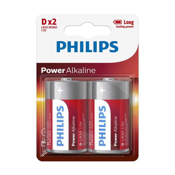 PHILIPS batteri power alkaline D 2-pak - LR20P2B/10 - 1437276